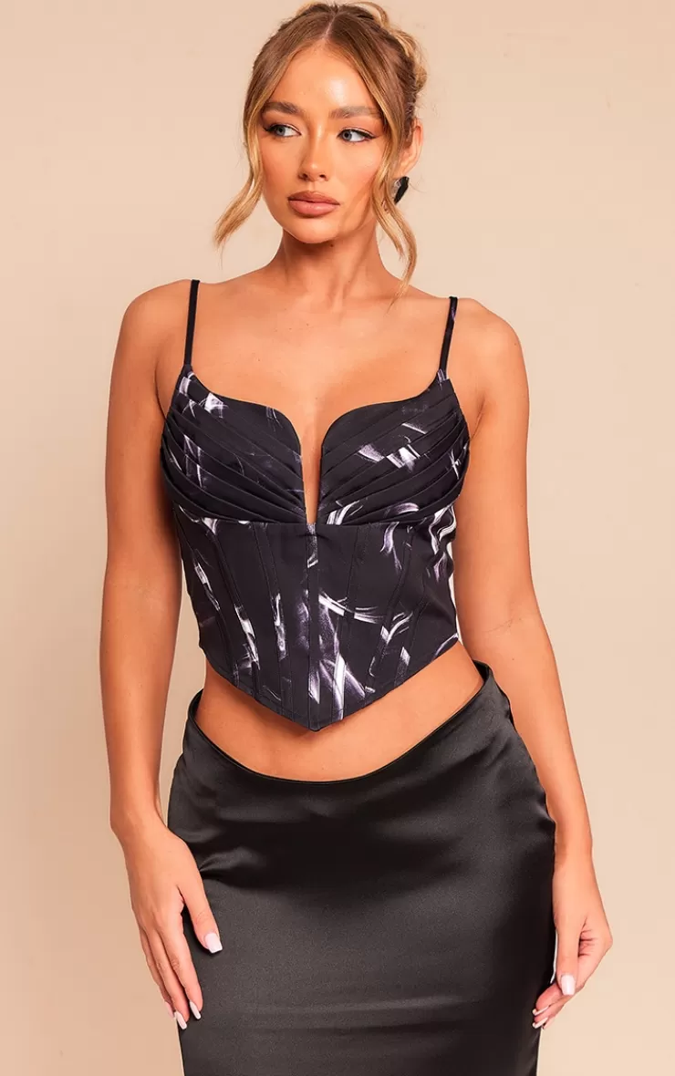 PrettyLittleThing Abstract Printed Strappy Pleated Bust Corset Detail Crop Top< Going Out