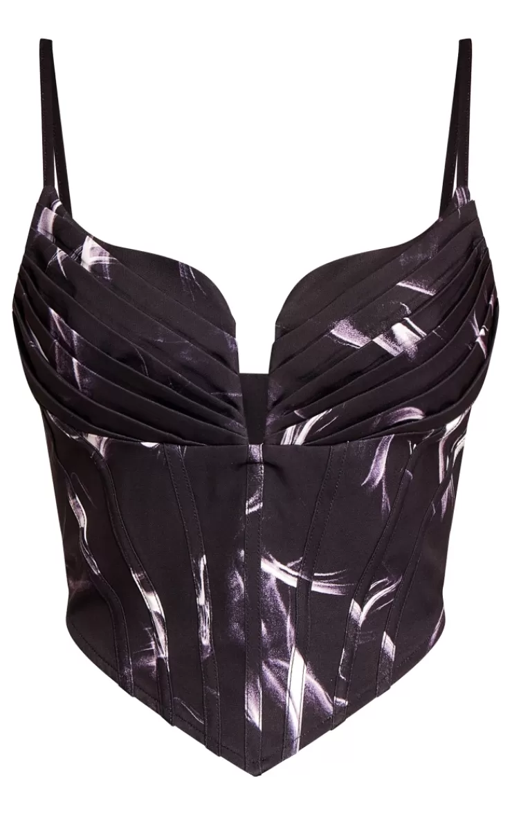 PrettyLittleThing Abstract Printed Strappy Pleated Bust Corset Detail Crop Top< Going Out