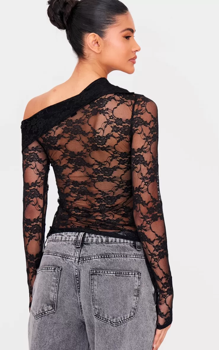 PrettyLittleThing Asymmetric Lace Detail Long Sleeve Top< Going Out