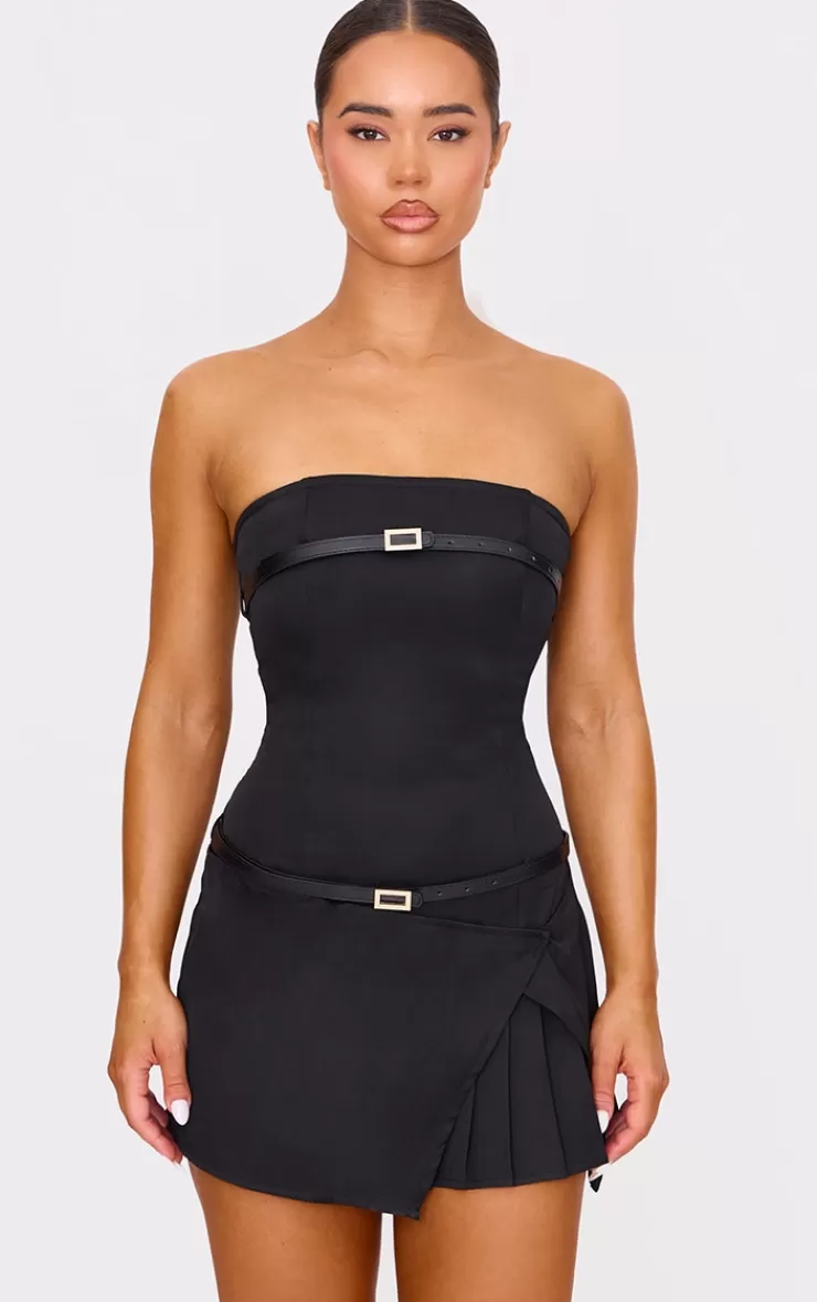 PrettyLittleThing Double Belt Bandeau Pleated Mini Dress< Strapless Dresses