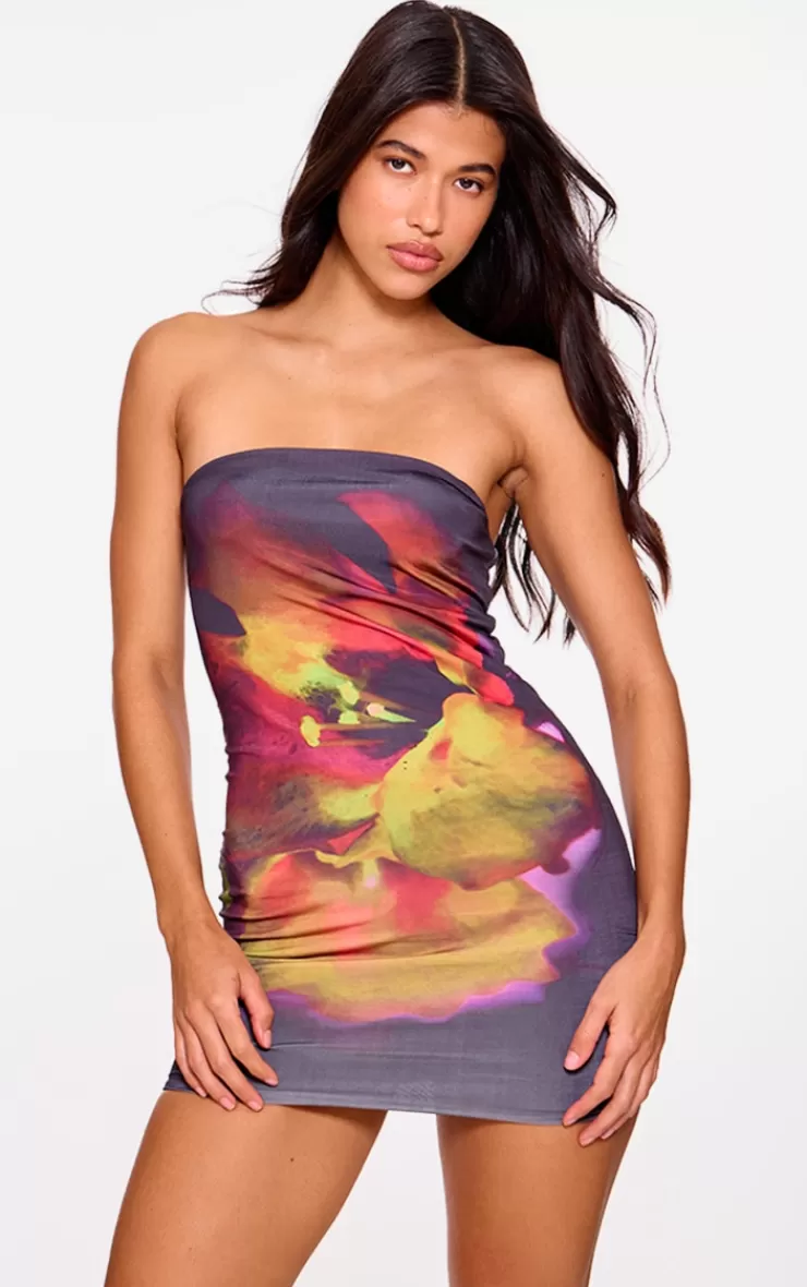 PrettyLittleThing Floral Print Double Layer Slinky Bandeau Mini Dress< Strapless Dresses