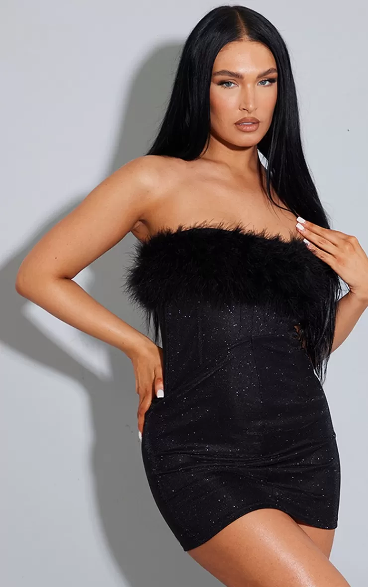 PrettyLittleThing Glitter Corset Feather Bandeau Bodycon Dress< Strapless Dresses
