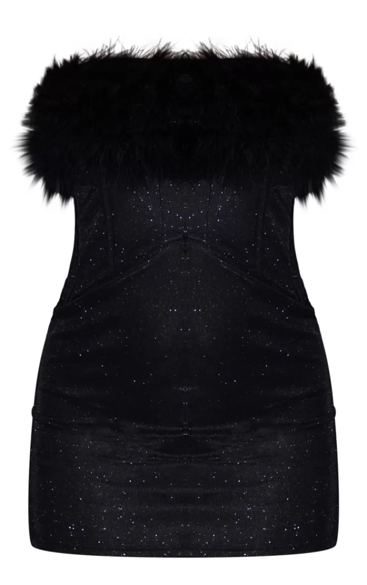 PrettyLittleThing Glitter Corset Feather Bandeau Bodycon Dress< Strapless Dresses
