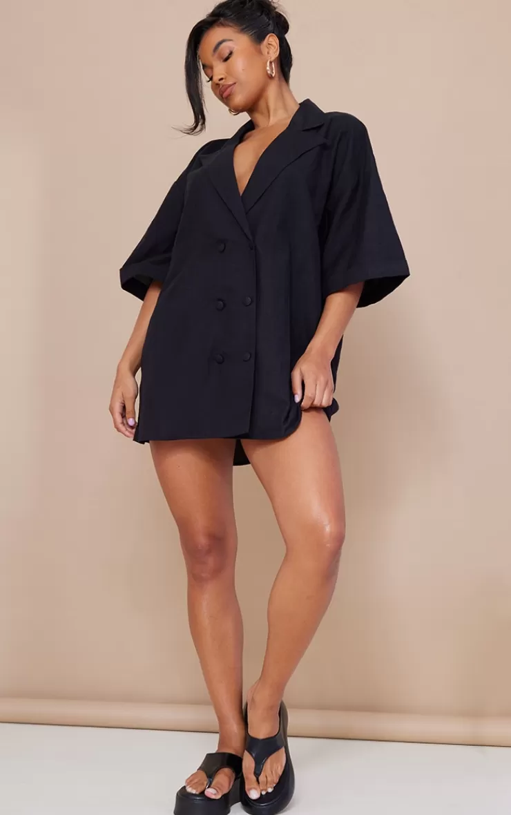 PrettyLittleThing Linen Look Oversized Double Breasted Short Sleeve Blazer Dress< Blazer Dresses