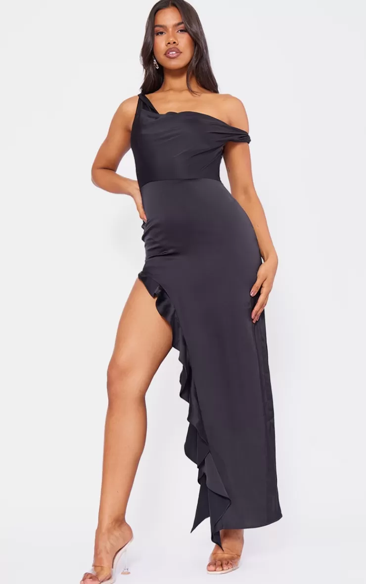 PrettyLittleThing Satin Bardot Frill Hem Maxi Dress< Prom