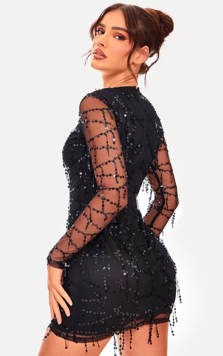 PrettyLittleThing Sequin Detail Long Sleeve Mini Dress< Prom