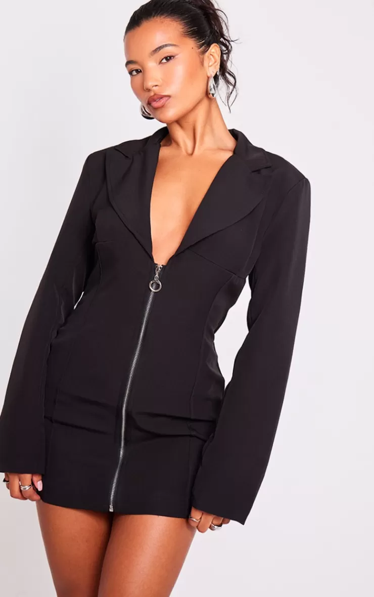 PrettyLittleThing Woven Zip Through Corset Detail Blazer Dress< Blazer Dresses