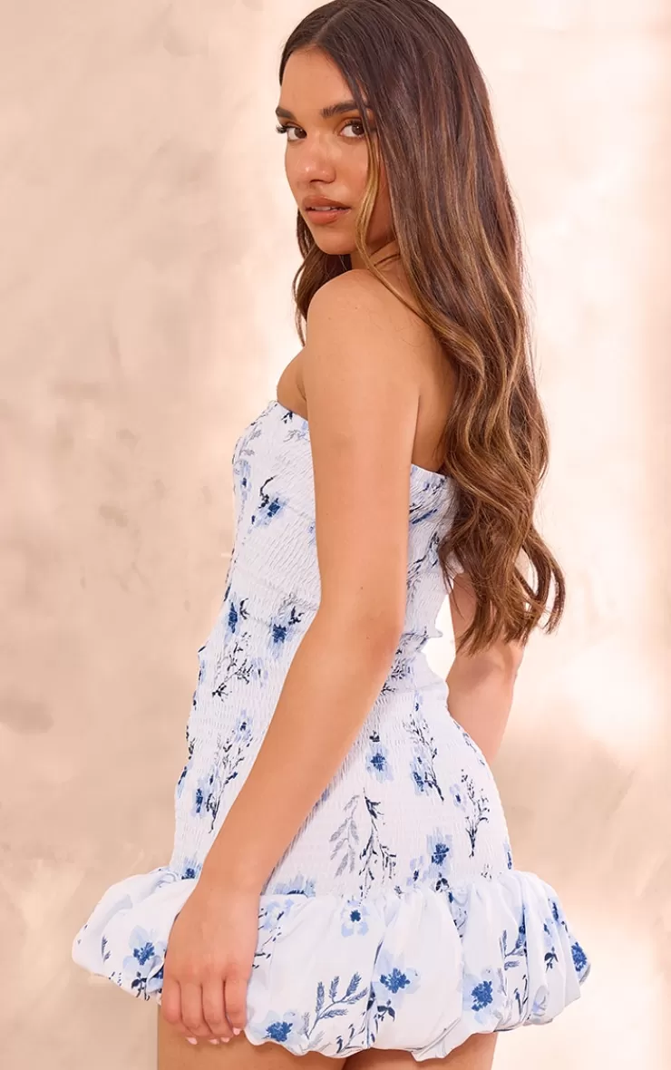 PrettyLittleThing Floral Shirred Bandeau Bodycon Dress< Strapless Dresses