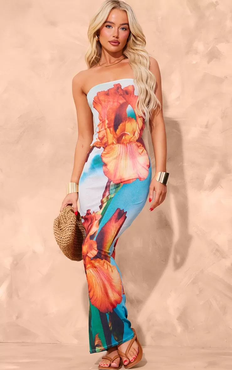 PrettyLittleThing Onion Skin Bandeau Orchid Print Maxi Dress< Strapless Dresses