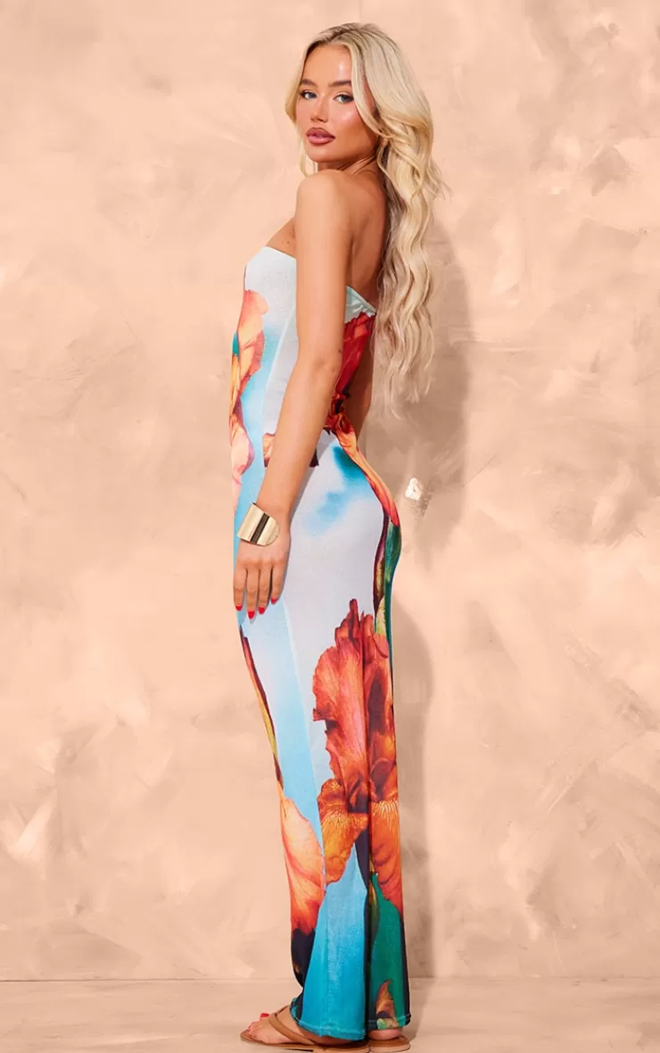 PrettyLittleThing Onion Skin Bandeau Orchid Print Maxi Dress< Strapless Dresses