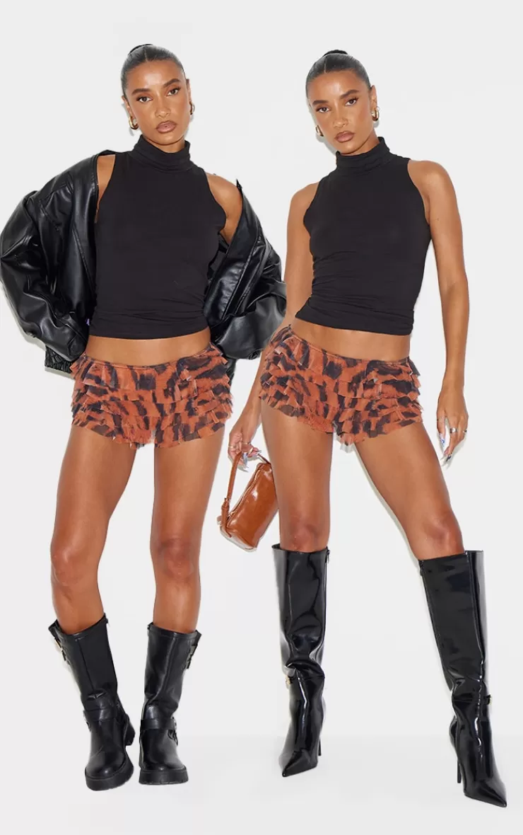 PrettyLittleThing Animal Printed Mesh Frilly Low Rise Bloomer Shorts< Going Out