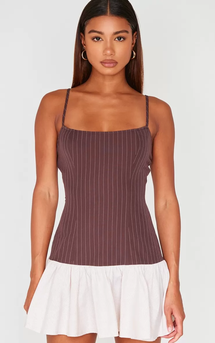 PrettyLittleThing Contrast Pinstripe Frill Hem Shift Dress< Shift Dresses