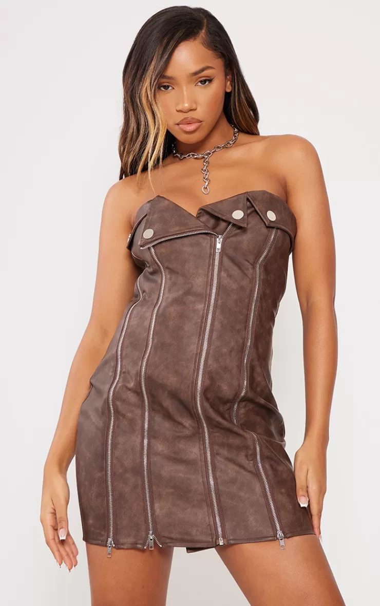 PrettyLittleThing Faux Leather Zip Detail Mini Dress< Going Out