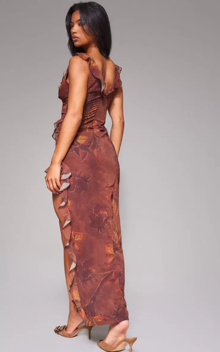 PrettyLittleThing Floral Asymmetric Frill Split Maxi Dress< Maxi Dresses