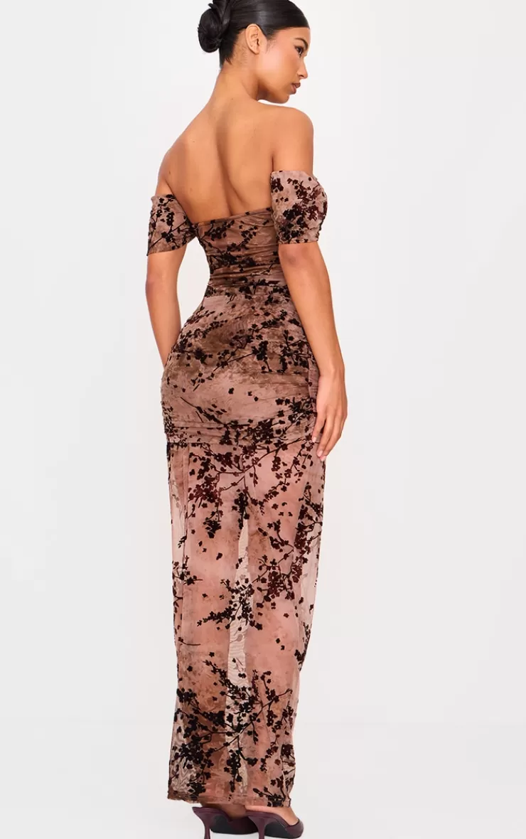 PrettyLittleThing Floral Devore Corset Bardot Ruched Frill Maxi Dress< Wedding Shop