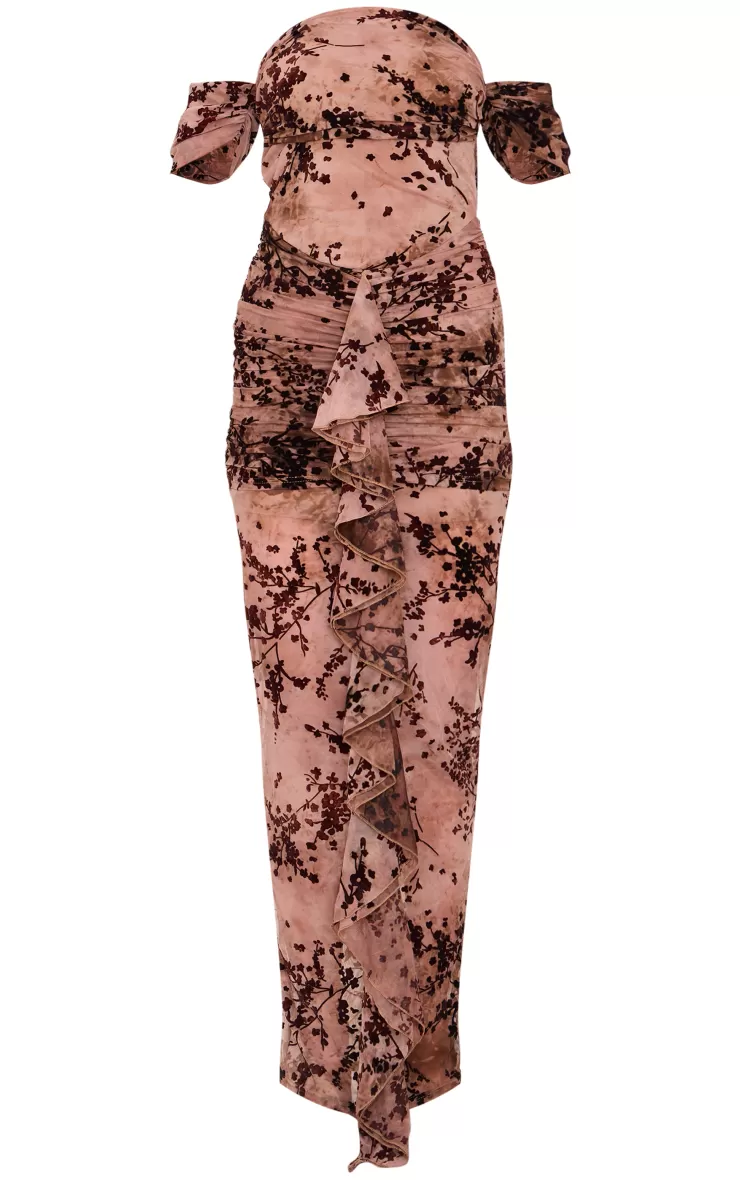 PrettyLittleThing Floral Devore Corset Bardot Ruched Frill Maxi Dress< Wedding Shop