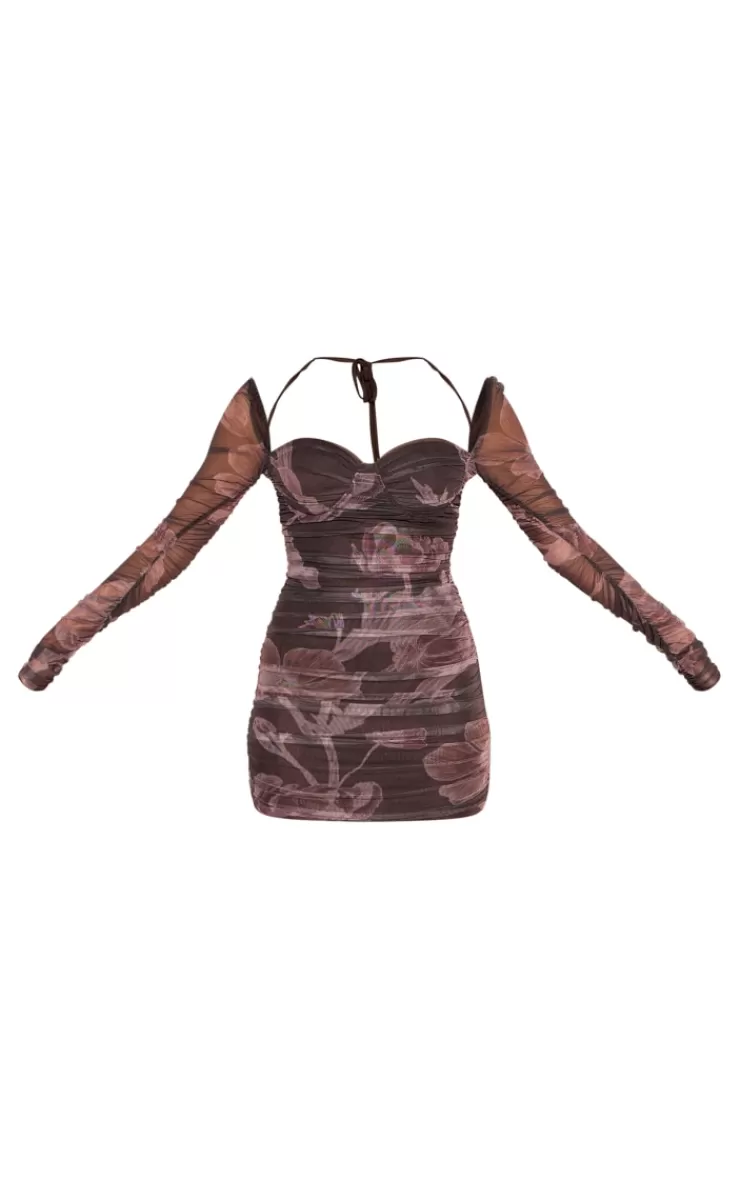 PrettyLittleThing Floral Mesh Ruched Long Sleeve Cup Detail Mini Dress< Mini Dresses