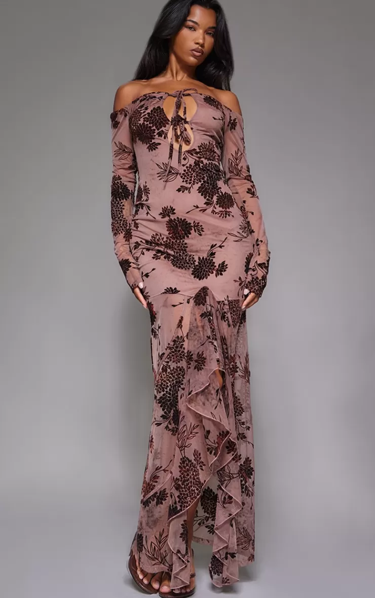 PrettyLittleThing Floral Print Devore Off The Shoulder Long Sleeve Maxi Dress< Maxi Dresses