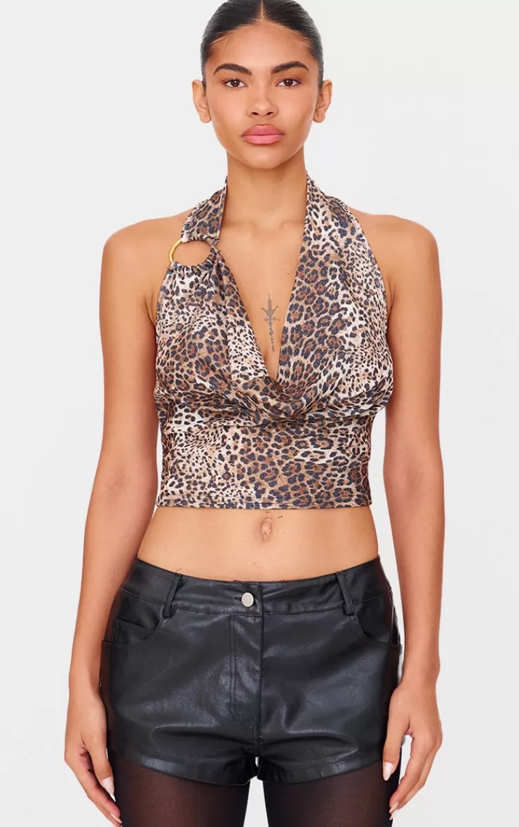 PrettyLittleThing Glitter Detail Leopard Ring Strap Cowl Neck Top< Going Out