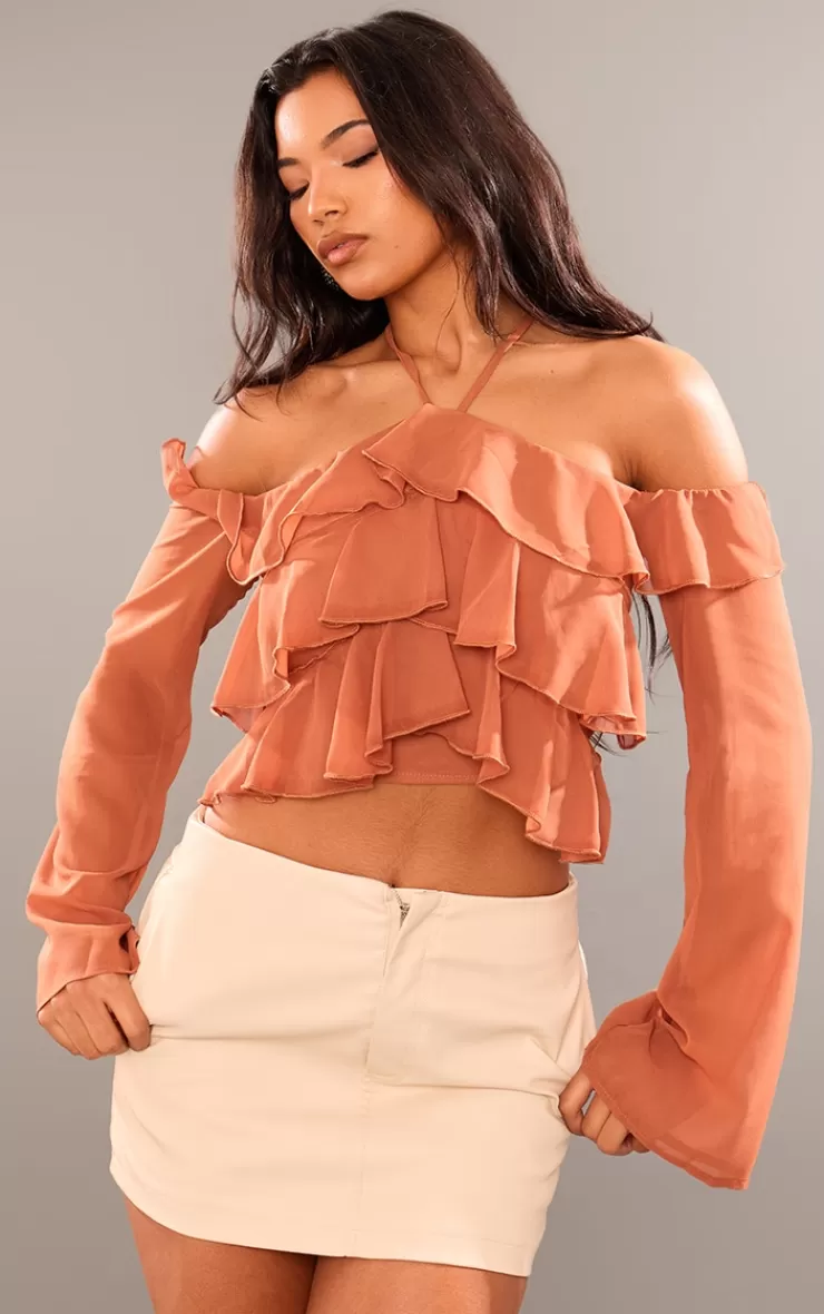 PrettyLittleThing Halter Neck Ruffle Detail Bardot Sleeve Top< Going Out