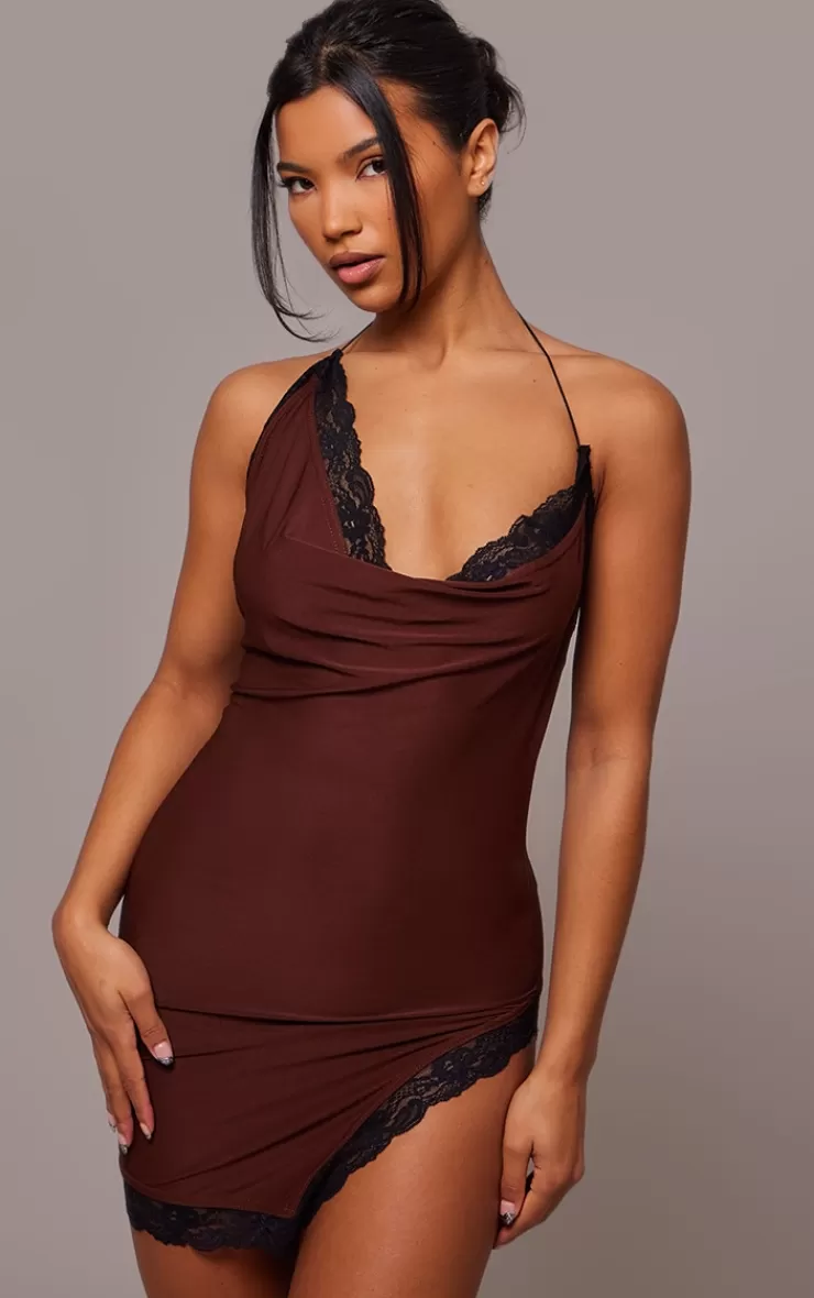 PrettyLittleThing Lace Trim Cowl Neck Mini Dress< Going Out