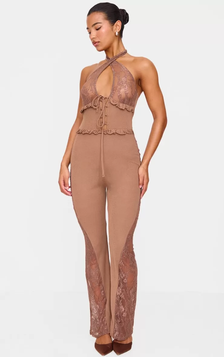 PrettyLittleThing Lace Trim Mesh Halter Neck Sheer Jumpsuit< Birthday