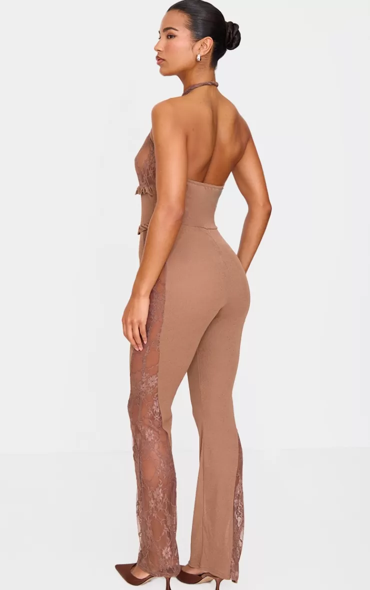 PrettyLittleThing Lace Trim Mesh Halter Neck Sheer Jumpsuit< Birthday
