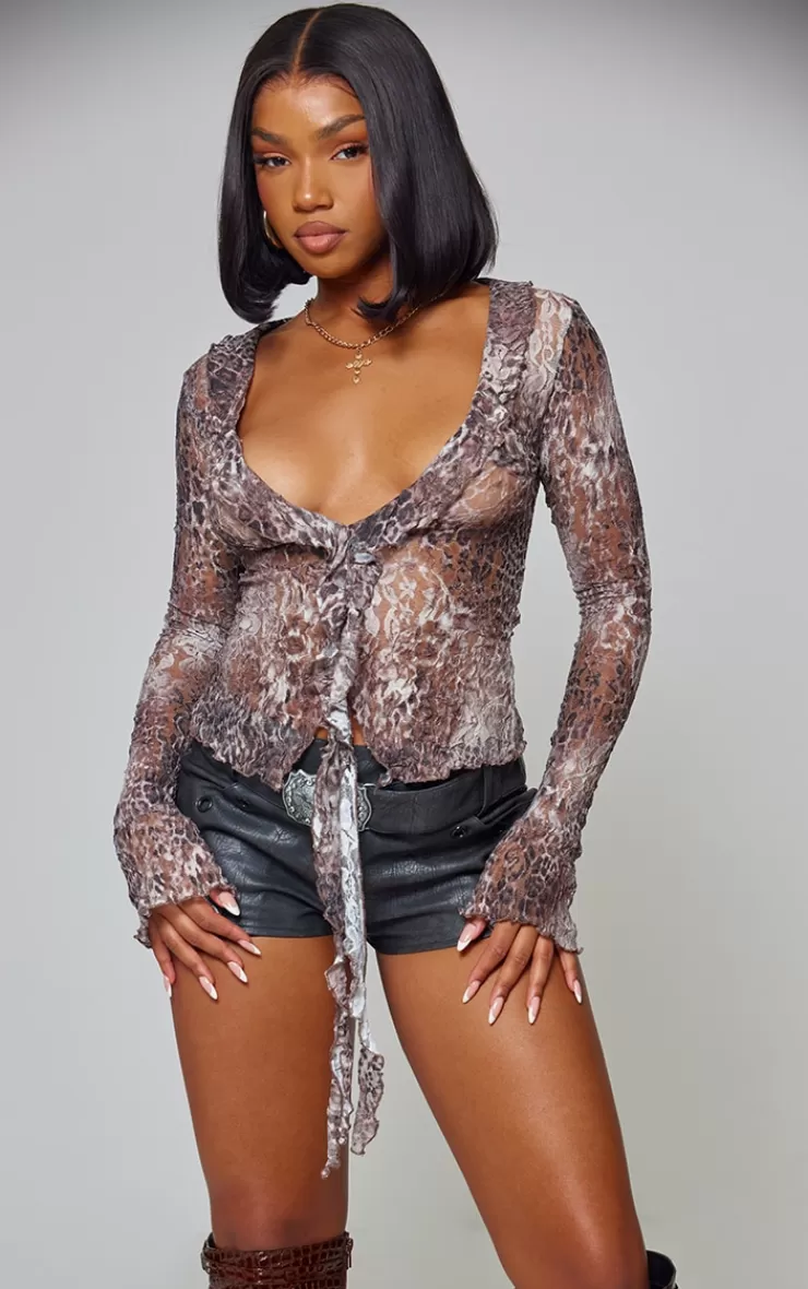 PrettyLittleThing Leopard Lace Ruffle Drape Long Sleeve Top< Going Out