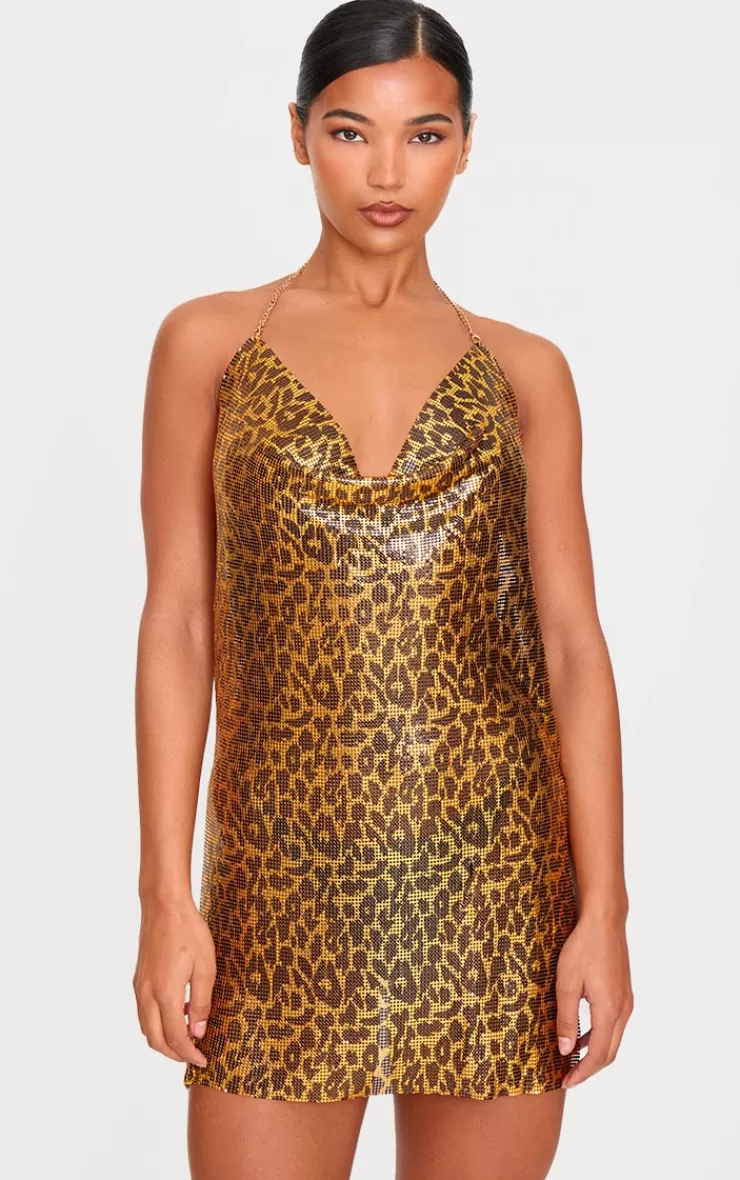 PrettyLittleThing Leopard Print Chainmail Cowl Shift Dress< Going Out