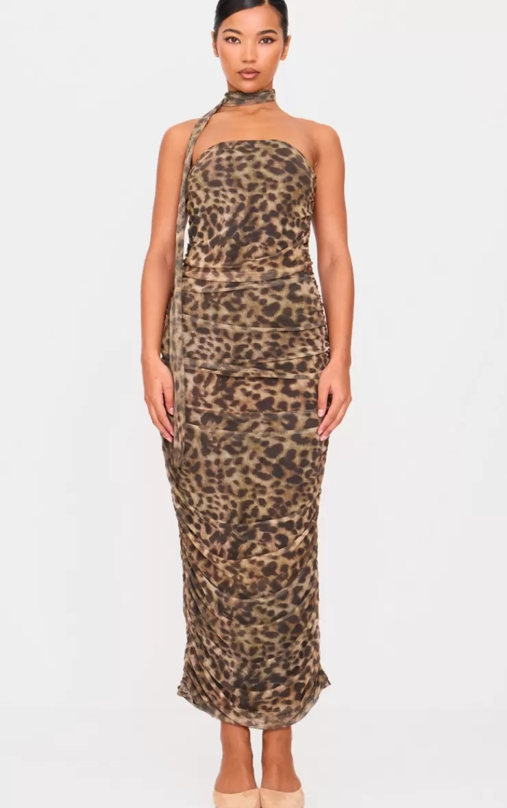 PrettyLittleThing Leopard Print Mesh Bandeau Scarf Maxi Dress< Strapless Dresses
