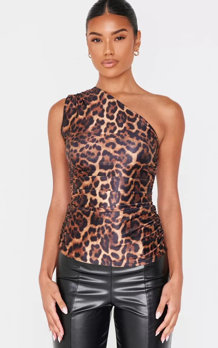 PrettyLittleThing Leopard Print Stretch Slinky Ruched Side Long Top< Going Out