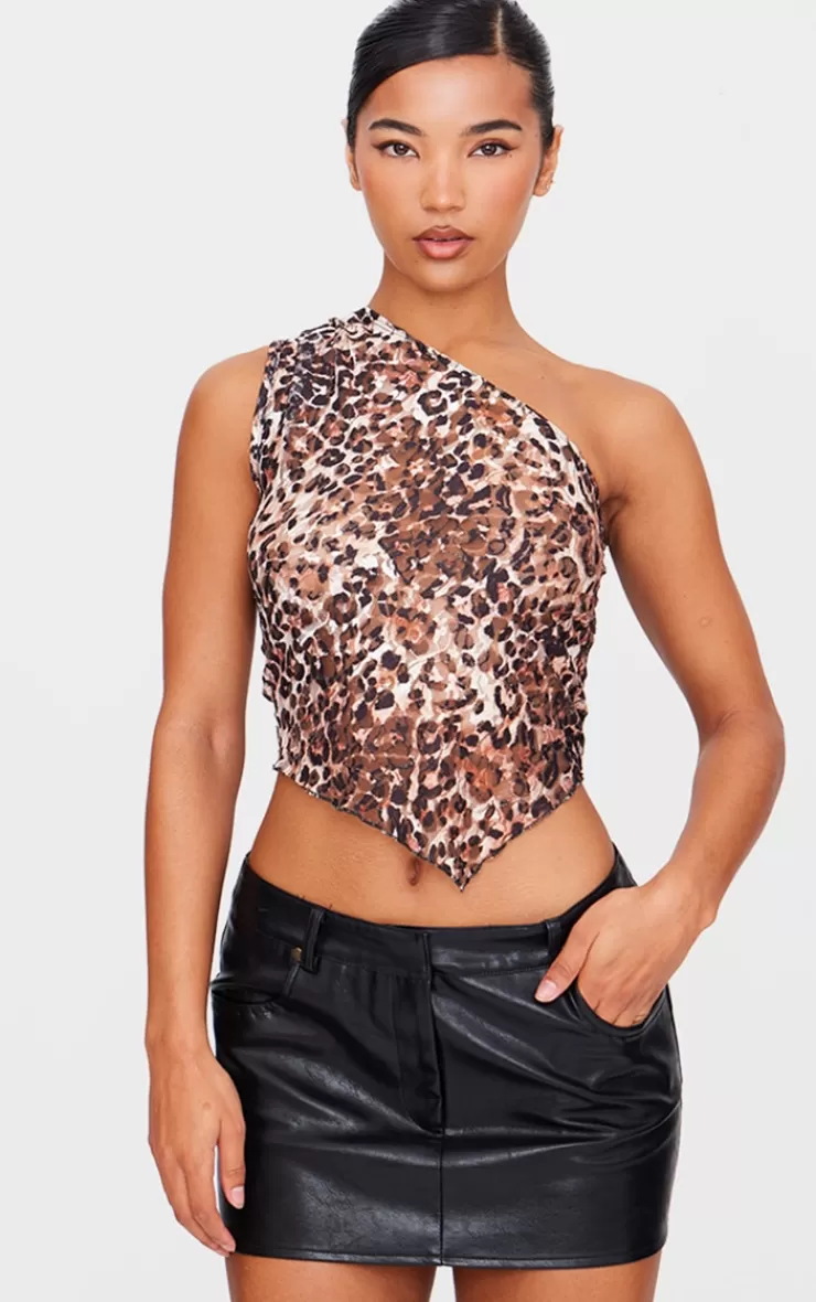 PrettyLittleThing Leopard Printed Lace Asymmetric Longline Top< Going Out