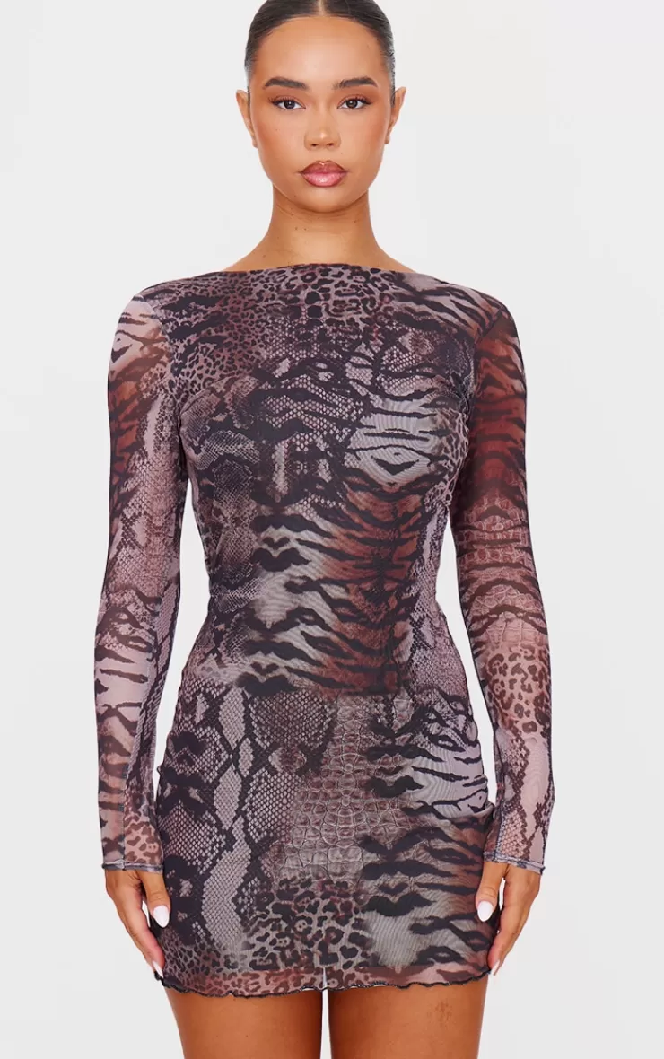 PrettyLittleThing Leopard Printed Long Sleeve Open Back Mini Dress< Going Out
