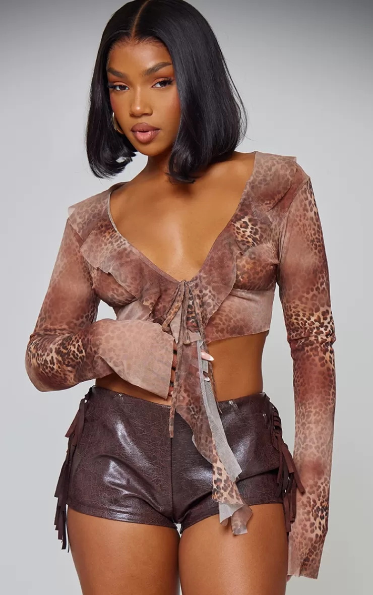 PrettyLittleThing Leopard Printed Ruffle Mesh Long Sleeve Drape Crop Top< Going Out