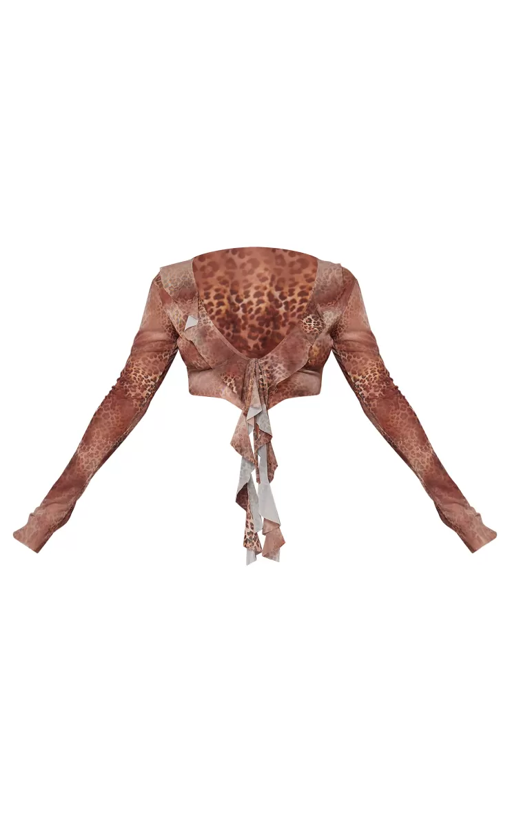PrettyLittleThing Leopard Printed Ruffle Mesh Long Sleeve Drape Crop Top< Going Out