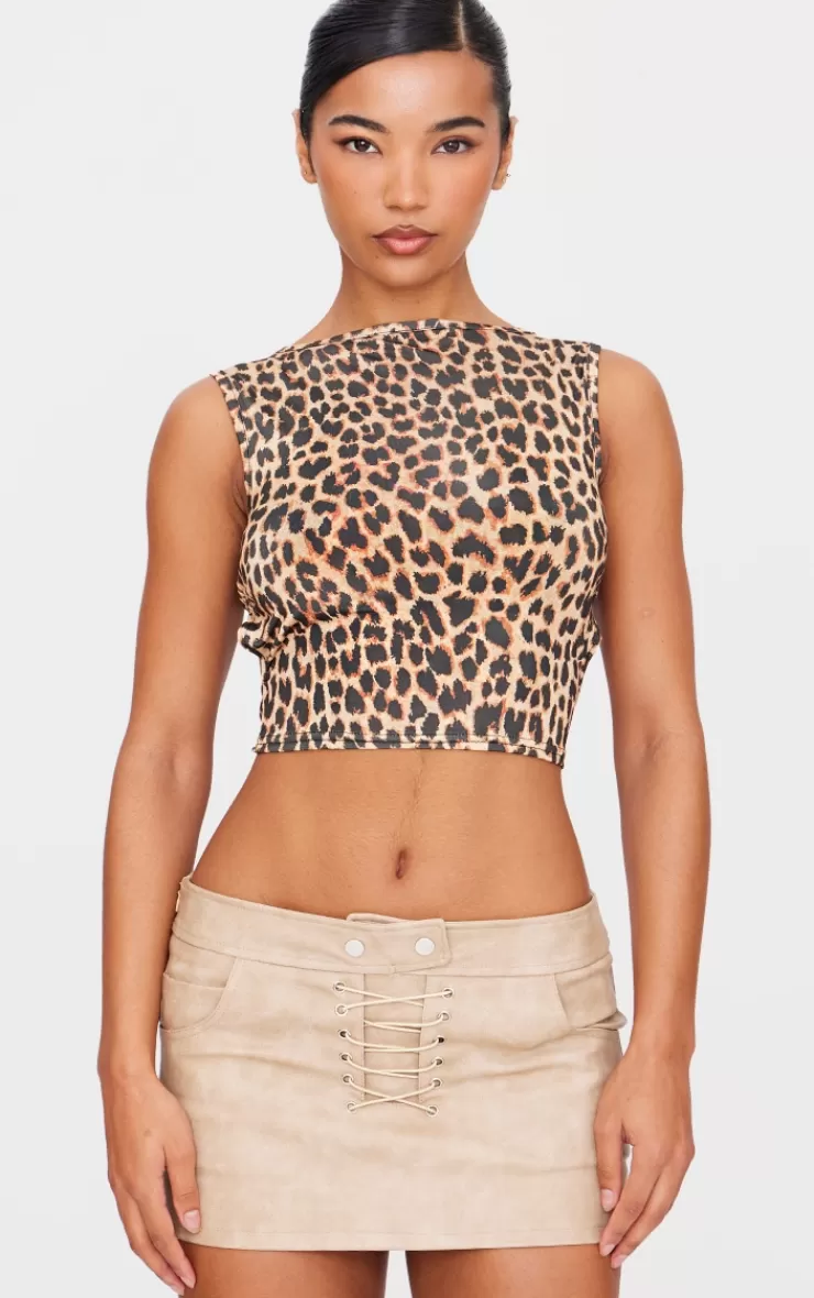 PrettyLittleThing Leopard Printed Slinky Open Back Tie Detail Long Top< Going Out