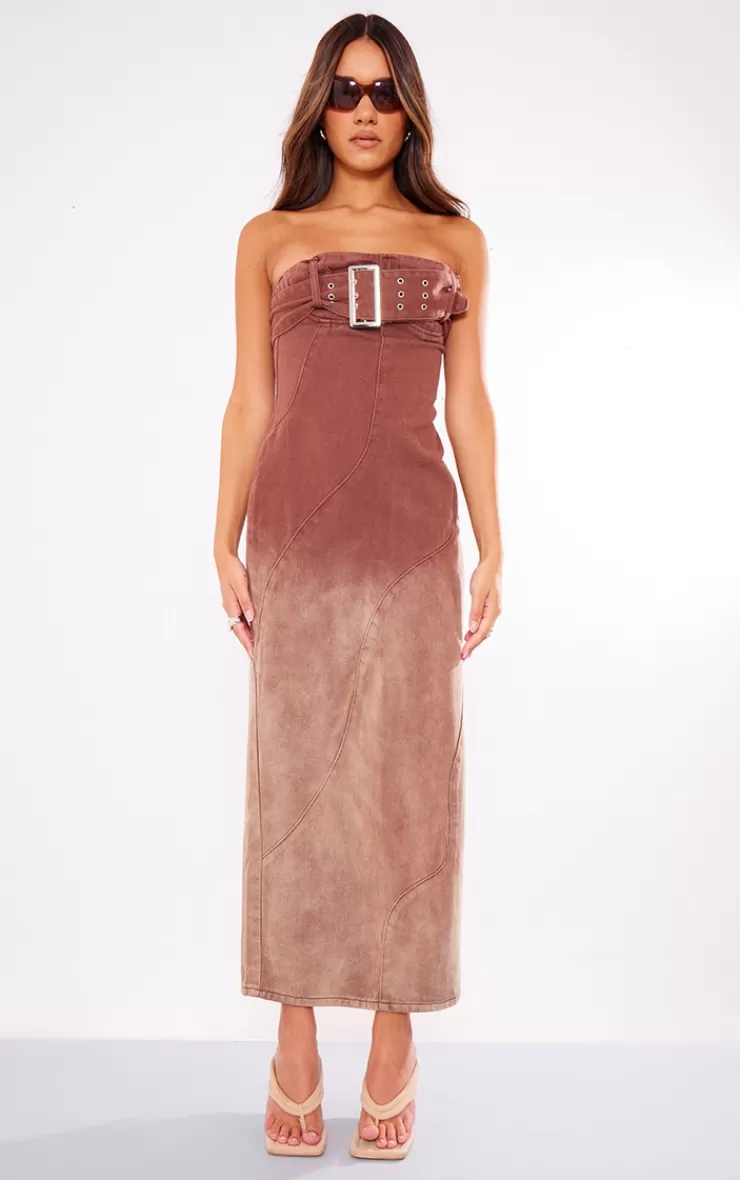 PrettyLittleThing Ombre Wash Bandeau Belted Denim Maxi Dress< Strapless Dresses