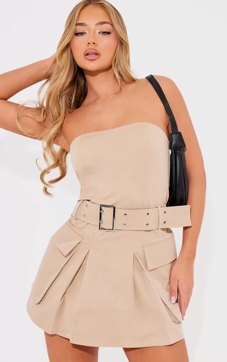 PrettyLittleThing Tailored Woven Pocket Belted Bandeau Bodycon Dress< Strapless Dresses