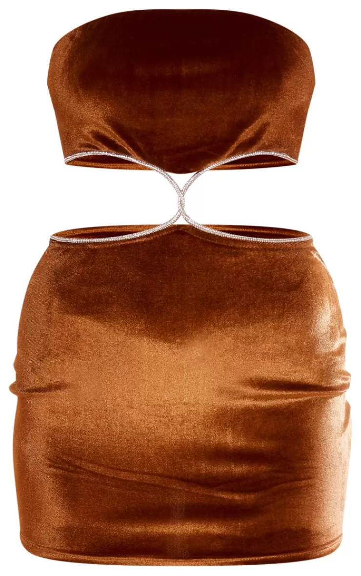PrettyLittleThing Diamante Rope Detail Bandeau Cut Out Velvet Bodycon Dress< Going Out