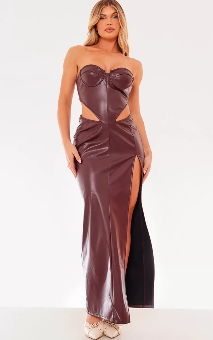 PrettyLittleThing Faux Leather Corset Cut Out Bandeau Maxi Dress< Strapless Dresses