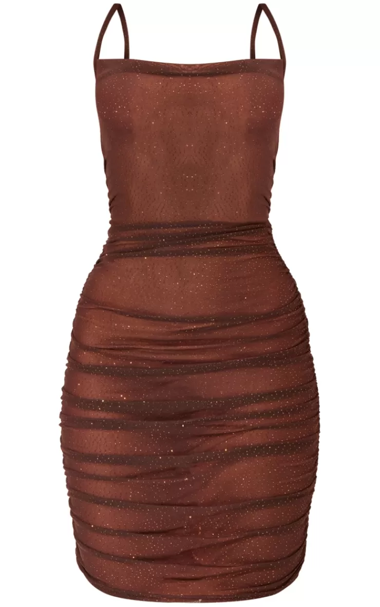 PrettyLittleThing Glitter Mesh Cowl Neck Ruched Strappy Bodycon Dress< Bodycon Dresses