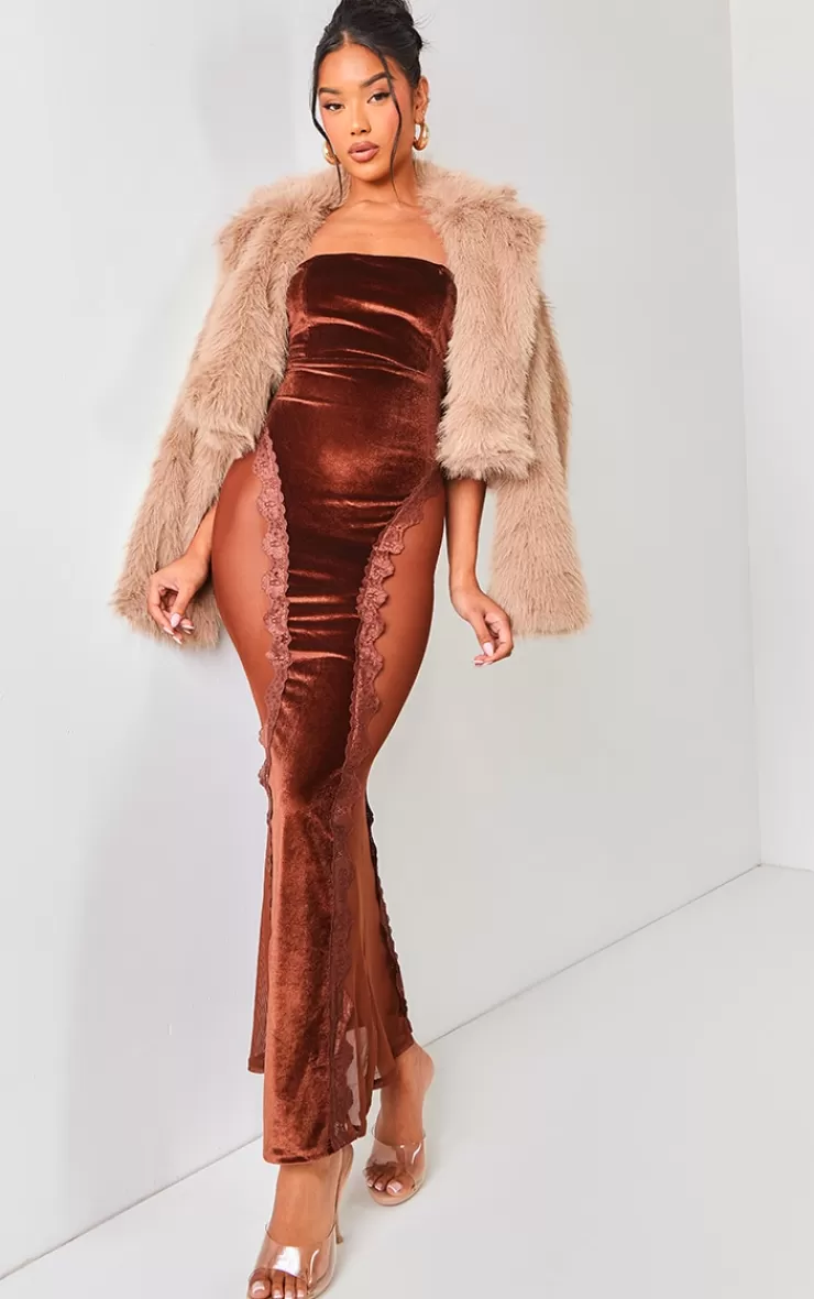 PrettyLittleThing Lace Panel Velvet Bandeau Maxi Dress< Strapless Dresses