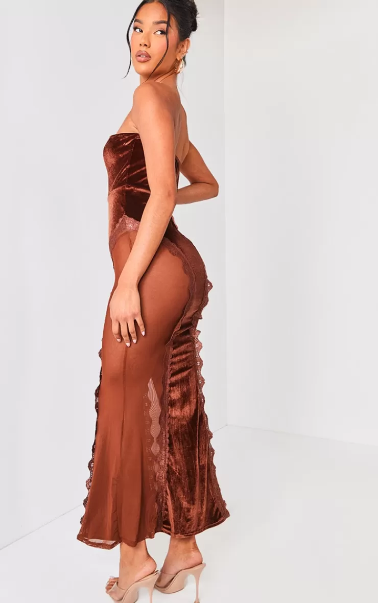 PrettyLittleThing Lace Panel Velvet Bandeau Maxi Dress< Strapless Dresses