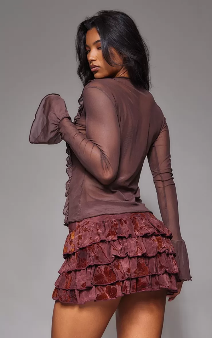 PrettyLittleThing Mesh Fitted Tie Front Ruffle Shirt< Going Out