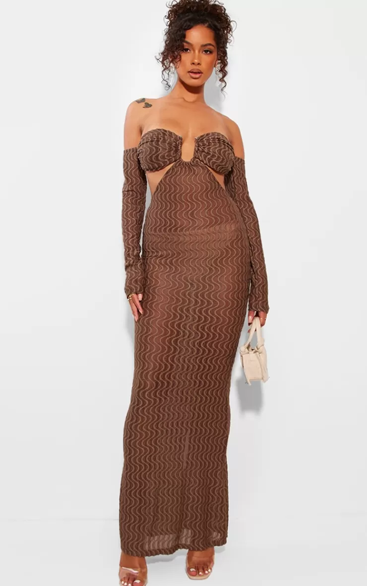 PrettyLittleThing Ribbed Bardot Long Sleeve Cut Out Maxi Dress< Maxi Dresses