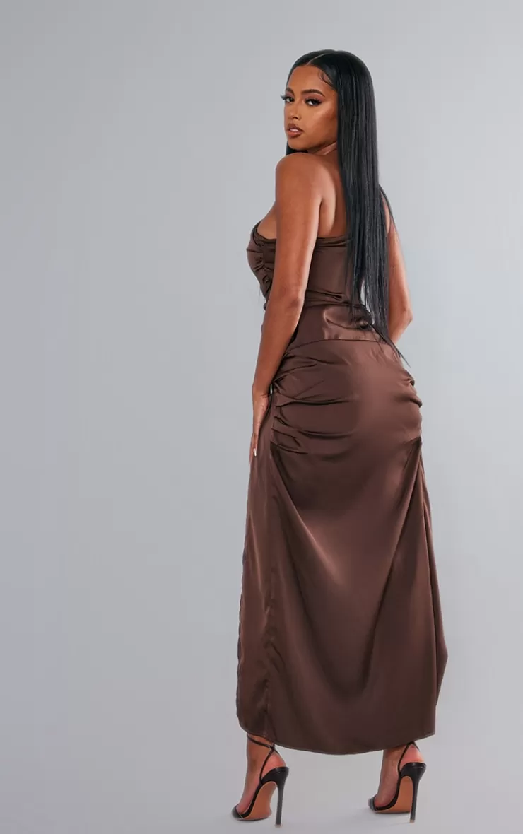 PrettyLittleThing Satin One Shoulder Ruched Split Midaxi Dress< Prom