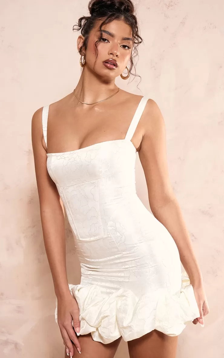 PrettyLittleThing Cream Jacquard Puff Ball Hem Mini Dress< Bridal Shower