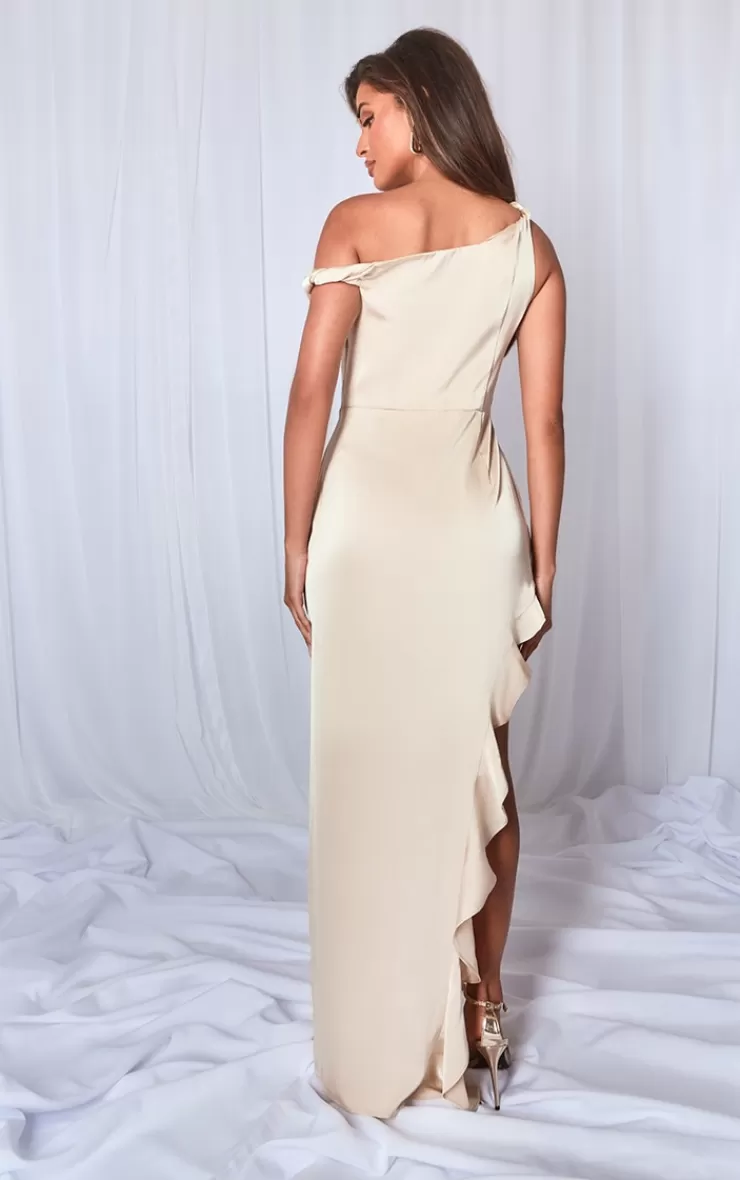 PrettyLittleThing Satin Bardot Frill Hem Maxi Dress< Prom