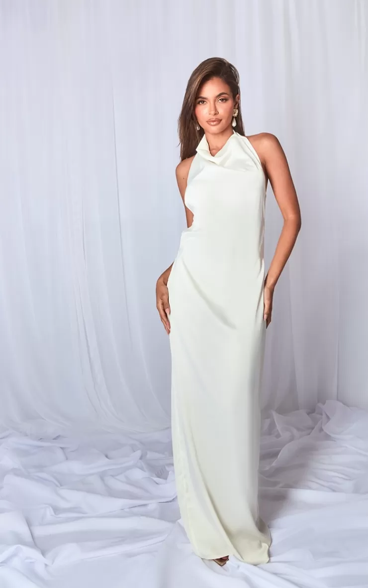 PrettyLittleThing Satin High Neck Open Back Maxi Dress< Engagement Dresses