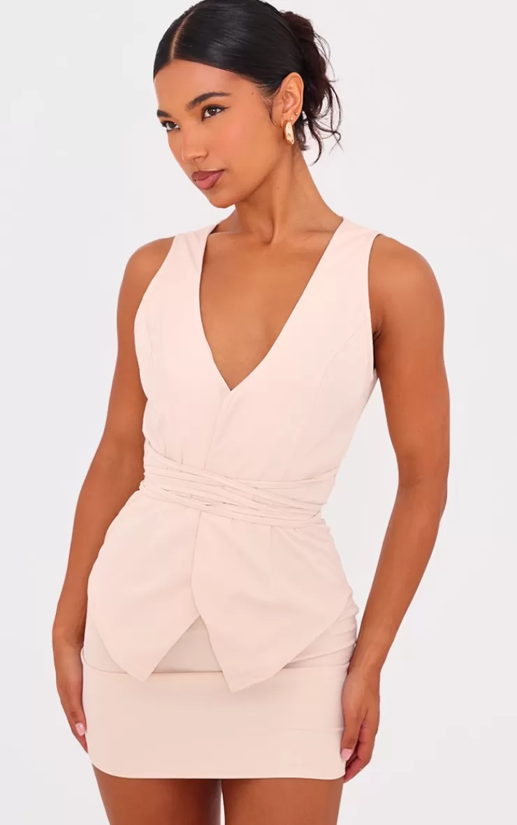 PrettyLittleThing Cream Tie Wrap Waist Vest Mini Dress< Mini Dresses